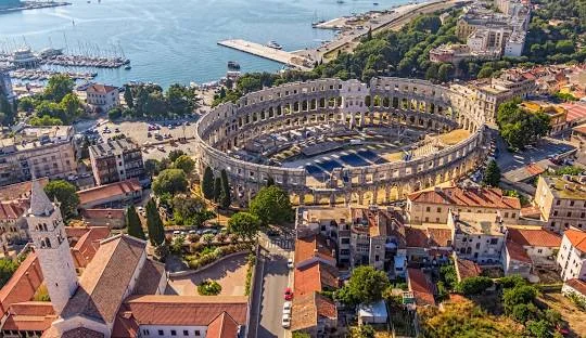 Get Weed in Pula - Scenic view of Pula Croatia with cannabis travel guide theme